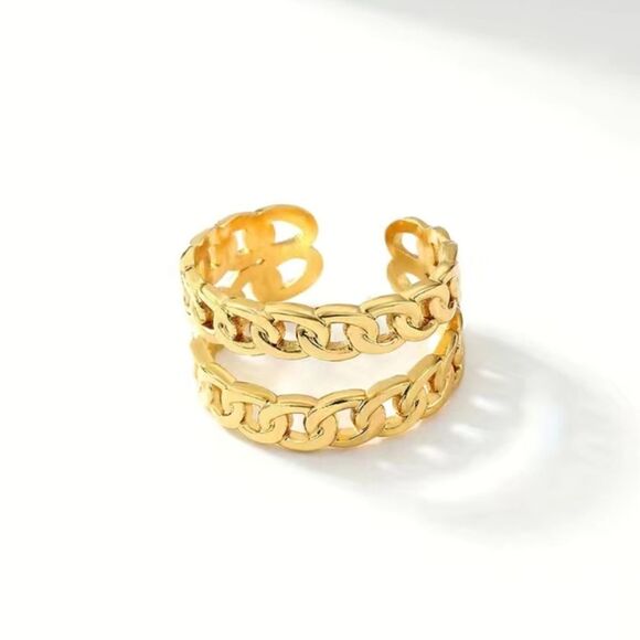Cuban Link Chain Ring 18K Gold Plated Stainless Steel Double-layer Open Ring - Picture 5 of 5